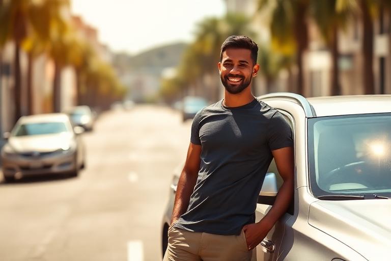 Cliente ao lado do seu carro financiado