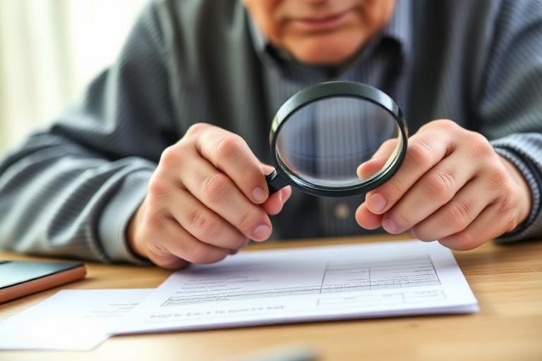 Aposentado conferindo contracheque com lupa